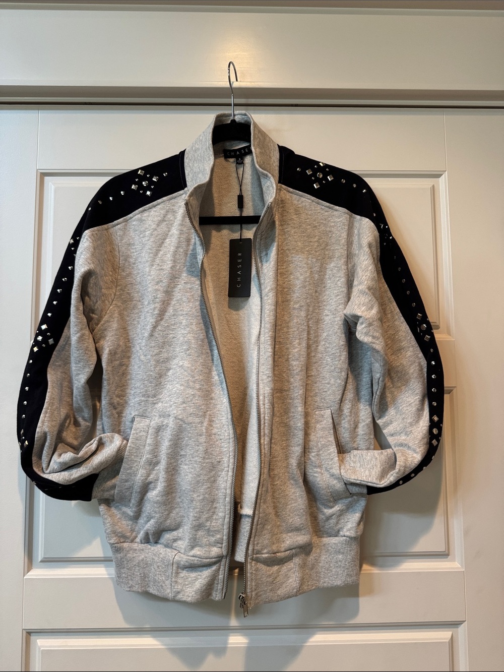 NWT: Chaser Gray Zip-Up Bomber Jacket with Black Studded Sleeves- SZ: S